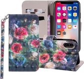 Roze bloemenpatroon Gekleurde tekening Horizontale leren flip-hoes voor iPhone X / XS, met houder en kaartsleuven en portemonnee en draagkoord
