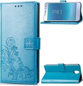 Voor Samsung Galaxy J3 (2018) vierbladige sluiting reliëf gesp mobiele telefoon bescherming lederen tas met lanyard & kaartsleuf & portemonnee & beugel functie (blauw)