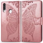 Voor Galaxy A20S vlinder liefde bloem reliëf horizontale flip lederen tas met beugel / kaartsleuf / portemonnee / lanyard (rose goud)