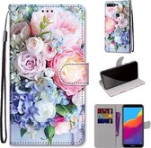 Voor Huawei Y7 (2018) / Enjoy 8 Gekleurde Tekening Cross Textuur Horizontale Flip PU Lederen Case met Houder & Kaartsleuven & Portemonnee & Lanyard (Lichtroze Boeket)