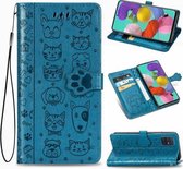 Voor Galaxy A71 schattige kat en hond reliëf horizontale flip lederen tas met beugel / kaartsleuf / portemonnee / lanyard (blauw)