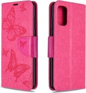 Voor Galaxy A41 Twee vlinders reliëfpatroon horizontaal Flip lederen tas met houder & kaartsleuf & portemonnee & lanyard (roze)