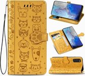 Voor Galaxy S20 schattige kat en hond reliëf horizontale flip lederen tas met beugel / kaartsleuf / portemonnee / lanyard (geel)