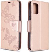 Voor Galaxy A41 Twee vlinders reliëfpatroon horizontaal Flip lederen tas met houder & kaartsleuf & portemonnee & lanyard (roségoud)