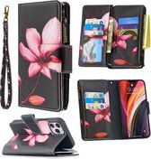 Voor iPhone 12/12 Pro Gekleurde Tekening Patroon Rits Horizontale Flip Leren Case met Houder & Kaartsleuven & Portemonnee (Lotus)