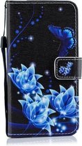 Blue Butterfly Flower Pattern Horizontale Flip Leather Case voor Galaxy M10, met houder en kaartsleuven en portemonnee