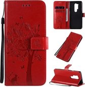 Voor OnePlus 8 Pro Tree & Cat Pattern Pressed Printing Horizontale Flip PU lederen hoes met houder & kaartsleuven & portemonnee & lanyard (rood)