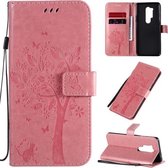 Voor OnePlus 8 Pro Tree & Cat Pattern Pressed Printing Horizontale Flip PU lederen hoes met houder & kaartsleuven & portemonnee & lanyard (roze)