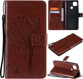 Voor Motorola Moto G9 Power Tree & Cat Pattern Pressed Printing Horizontale Flip PU Leather Case met Houder & Kaartsleuven & Portemonnee & Lanyard (Koffie)