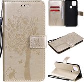 Voor Google Pixel 4a 5G / Pixel 5 XL Boom & Kat Reliëfpatroon Horizontale Flip Leren Case met Houder & Kaartsleuven & Portemonnee & Lanyard (Goud)