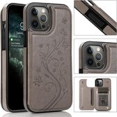 Vlinders Bloemen Dubbele gesp PU + TPU beschermhoes met houder & kaartsleuven en fotolijst voor iPhone 12 Pro Max (grijs)