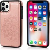 Mandala-patroon met dubbele gesp PU + TPU-beschermhoes met kaartsleuven en houder & fotolijst voor iPhone 11 Pro Max (roségoud)