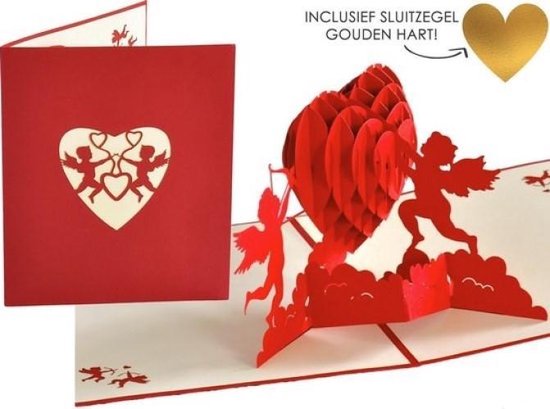 Popcards popupkaarten - Cupido’s met groot rood hart Moederdag Liefde Verliefd Love Valentijn Valentijnskaart Valentijnscadeau pop-up kaart 3D wenskaart inclusief sluitzegel gouden hart