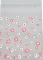 Fako Bijoux® - 100x Sachets de Fête - Sachets Cadeaux en Plastique Cellophane - Sachets de Bonbons - Fleurs Wit/ Rose - 10x10cm