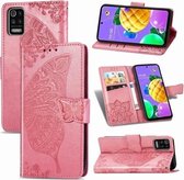 Voor LG K52 Butterfly Love Flower reliëf horizontale flip lederen tas met beugel / kaartsleuf / portemonnee / lanyard (roze)