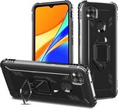 Voor Geschikt voor Xiaomi Redmi 9C koolstofvezel beschermhoes met 360 graden roterende ringhouder (zwart)