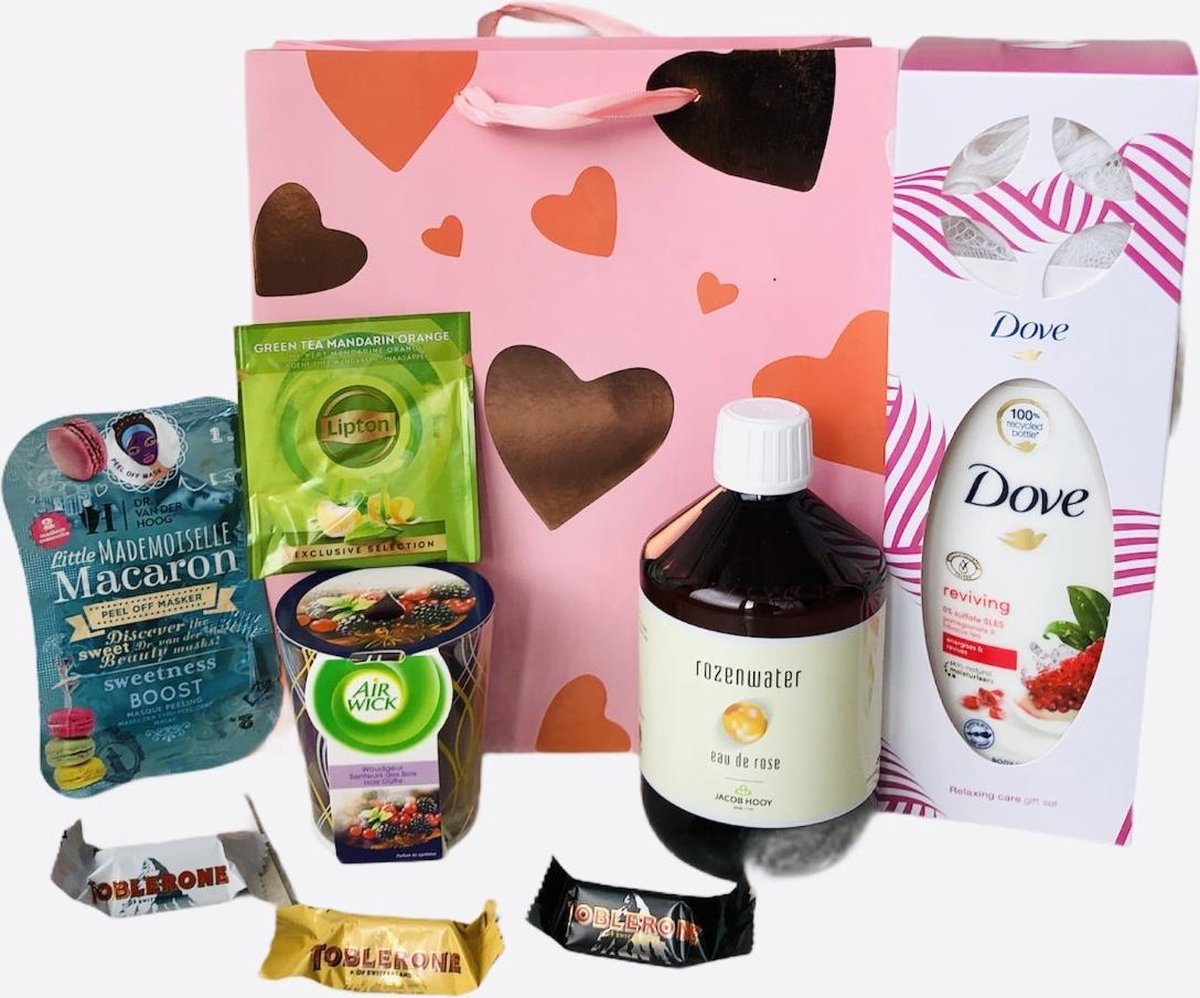Beautybox Cadeau voor Vrouw | Valentijn Gift Kado - Pakket Cadeautje - Rozenwater - Badspons - Macaron Masker - Douchegel - Geurkaars - Chocolade - Theezak | Inclusief Geschenktas