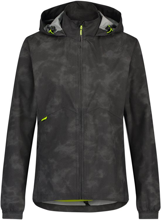 Zwarte jas met capuchon en reflecterend patroon.
