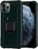 Voor iPhone 11 Pro koolstofvezel beschermhoes met 360 graden roterende ringhouder (groen)