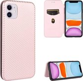 Voor iPhone 12 Carbon Fiber Texture Magnetische Horizontale Flip TPU + PC + PU Leather Case met Card Slot (Pink)