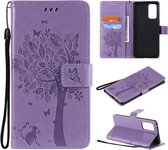 Voor OPPO Reno5 Pro 5G Tree & Cat Pattern Pressed Printing Horizontale Flip PU lederen tas met houder & kaartsleuven & portemonnee & lanyard (lichtpaars)