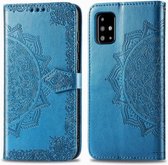 Voor Galaxy A71 Halverwege Mandala reliëfpatroon Horizontale flip lederen tas, met houder & kaartsleuven & portemonnee & fotolijst & lanyard (blauw)