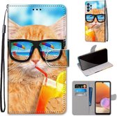 Voor Samsung Galaxy A32 4G / A32 Lite Gekleurde Tekening Cross Textuur Horizontale Flip PU Lederen Case met Houder & Kaartsleuven & Portemonnee & Lanyard (Kat Drinken Soda)