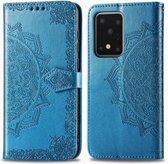 Voor Galaxy S20 Ultra Halverwege Mandala Embossing Patroon Horizontale Flip Leren Case met Houder & Kaartsleuven & Portemonnee & Fotolijst & Lanyard (Blauw)