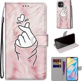 Gekleurde tekening Cross Texture Horizontale Flip PU lederen tas met houder & kaartsleuven & portemonnee & lanyard voor iPhone 12 mini (roze handen hart)