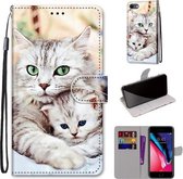 Gekleurde tekening Cross Texture Horizontale Flip PU lederen tas met houder & kaartsleuven & portemonnee & lanyard voor iPhone SE 2020/8/7 (Big Cat Holding Kitten)