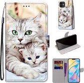 Gekleurde tekening Cross Texture Horizontale Flip PU lederen hoes met houder & kaartsleuven & portemonnee & lanyard voor iPhone 12/12 Pro (Big Cat Holding Kitten)