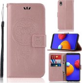 Voor Samsung Galaxy A01 Core Windgong Uil Embossing Patroon Horizontale Flip Leren Case met Houder & Kaartsleuven & Portemonnee (Rose Goud)