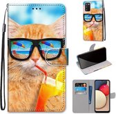 Voor Samsung Galaxy A02s / M02s Gekleurde Tekening Cross Textuur Horizontale Flip PU Lederen Case met Houder & Kaartsleuven & Portemonnee & Lanyard (Kat Drinken Soda)