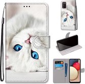 Voor Samsung Galaxy A02s / M02s Gekleurde Tekening Cross Textuur Horizontale Flip PU Lederen Case met Houder & Kaartsleuven & Portemonnee & Lanyard (Wit Kitten)
