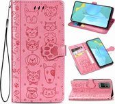 Voor Huawei Honor 30S Mooie Kat en Hond Embossing Patroon Horizontale Flip Leren Case, met Houder & Kaartsleuven & Portemonnee & Cartoon Sluiting & Lanyard (Roze)