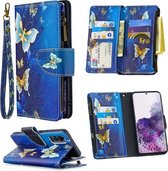 Voor Samsung Galaxy S20 Gekleurde Tekening Patroon Rits Horizontale Flip Leren Case met Houder & Kaartsleuven & Portemonnee (Gouden Vlinder)