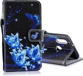 Voor Galaxy A10s Gekleurde Tekening Patroon Horizontale Flip PU Lederen Case met Houder & Kaartsleuven & Portemonnee & Lanyard (Blauwe Vlinder)