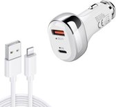 YSY-312PD QC3.0 18W USB + PD 20W USB-C / Type-C autolader met USB naar 8-pins datakabel (wit)