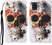 Voor Samsung Galaxy A21s Gekleurde Tekening Patroon Horizontale Flip Leren Case met Houder & Kaartsleuven & Portemonnee & Lanyard (Bloem Schedel)
