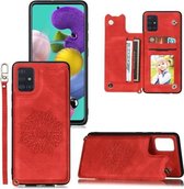 Voor Samsung Galaxy A51 Mandala reliëf PU + TPU hoesje met houder & kaartsleuven & fotolijst & riem (rood)