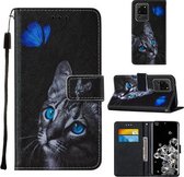 Voor Samsung Galaxy S20 Ultra Cross Texture Painting Pattern Horizontale Flip Leather Case met houder & kaartsleuven & portemonnee & lanyard (Blue Butterfly Cat Eyes)