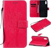 Voor Xiaomi Redmi 9A Tree & Cat Pattern Pressed Printing Horizontale Flip PU Leather Case met houder & kaartsleuven & portemonnee & Lanyard (Rose Red)