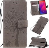 Tree & Cat Pattern Pressed Printing Horizontale Flip PU lederen tas met houder & kaartsleuven & portemonnee & lanyard voor Xiaomi Mi 9T & Mi 9T Pro & Redmi K20 & K20 Pro (grijs)