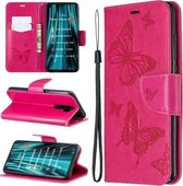 Voor Xiaomi Redmi Note 8 Pro Two Butterflies Embossing Pattern Horizontale Flip Leather Case met houder & kaartsleuf & portemonnee & lanyard (Rose Red)