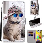 Voor Samsung Galaxy M31 Gekleurde Tekening Cross Textuur Horizontale Flip PU Lederen Case met Houder & Kaartsleuven & Portemonnee & Lanyard (Schuine Hoed Blauwe Spiegel Kat)