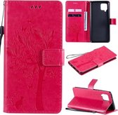 Voor Samsung Galaxy A42 5G Tree & Cat Pattern Pressed Printing Horizontale Flip PU Leather Case met houder & kaartsleuven & portemonnee & Lanyard (Rose Red)