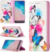 Voor Samsung Galaxy S10 Gekleurd Tekenpatroon Onzichtbaar Magnetisch Horizontaal Flip PU-lederen Case met Houder & Kaartsleuven & Portemonnee (Twee Vlinders)