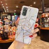 Voor Samsung Galaxy A31 Splicing Marble Pattern Gilding TPU beschermhoes met opvouwbare houder (grijs wit)