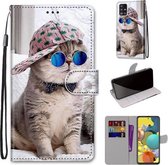 Voor Samsung Galaxy A51 5G Gekleurde Tekening Cross Textuur Horizontale Flip PU Lederen Case met Houder & Kaartsleuven & Portemonnee & Lanyard (Schuine Hoed Blauwe Spiegel Kat)