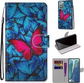 Voor Samsung Galaxy Note20 Gekleurde tekening Cross Texture Horizontale Flip PU lederen tas met houder & kaartsleuven & portemonnee & lanyard (grote rode vlinder op blauw)